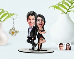 Kişiye Özel Sevgililer Karikatürlü 3D Ahşap Biblo ve İsimli Gold Papatya Anahtarlık-6
