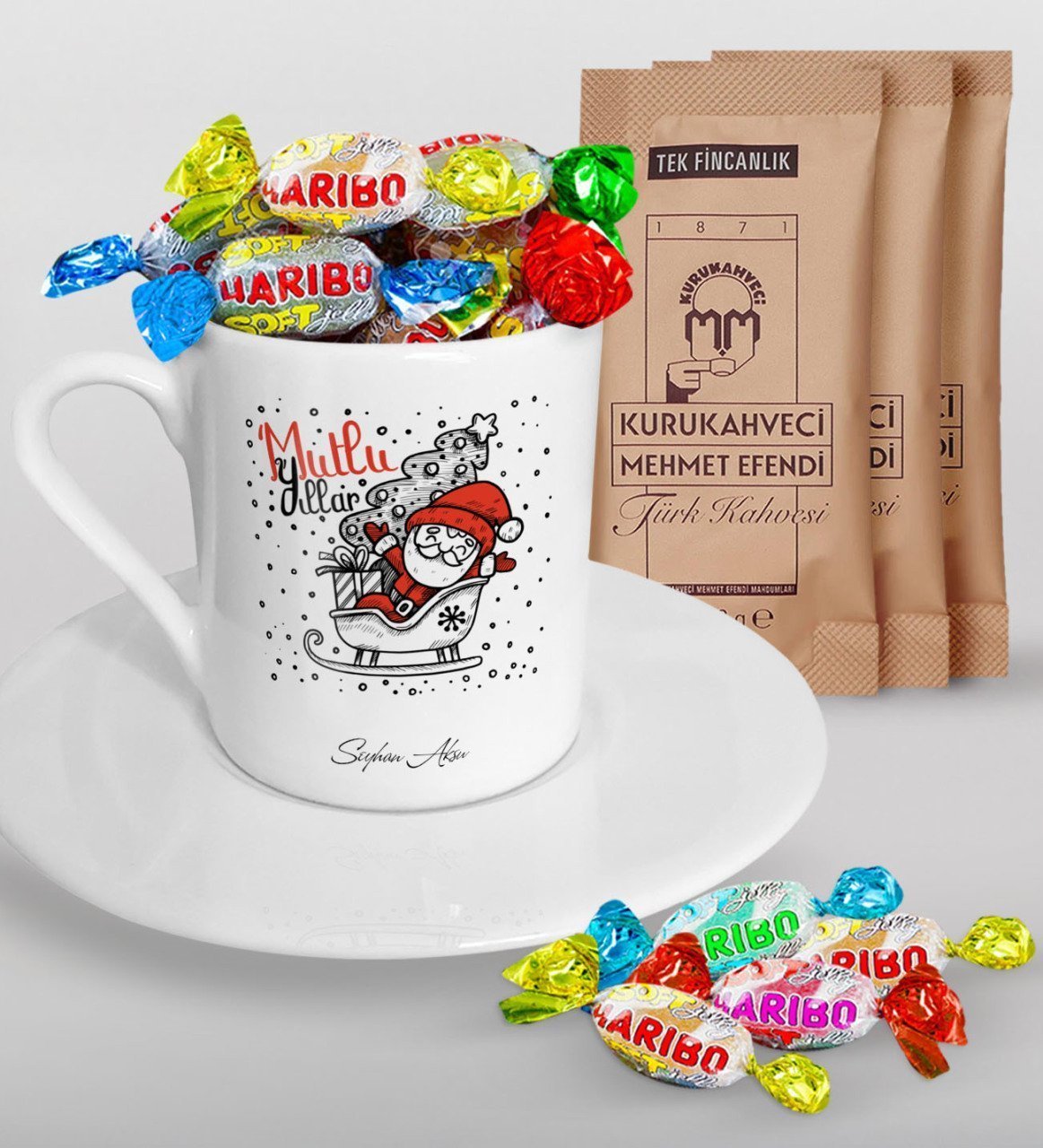 Kişiye Özel Noel Baba Türk Kahvesi Fincanı Mehmet Efendi Kahve ve Haribo Şeker Hediye Seti-5