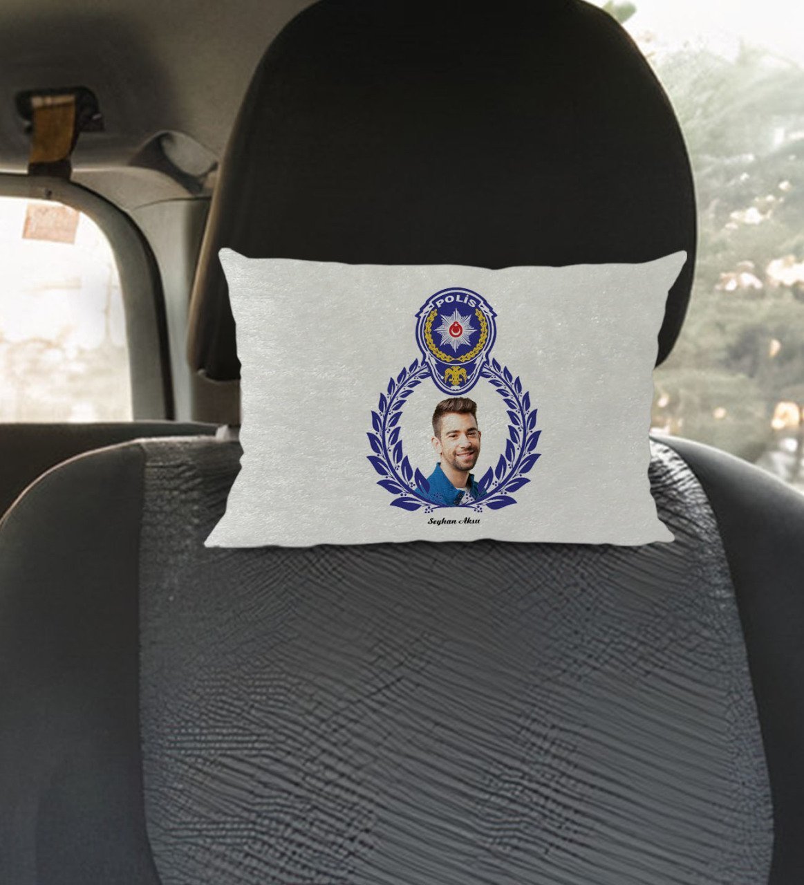 Kişiye Özel İsimli Fotoğraflı Polis Tasarımlı Dikdörtgen Araç Koltuk Yastığı-4