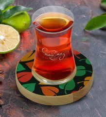 Kişiye Özel Yapraklar Tasarımlı Doğal Ahşap Tabaklı Heybeli Çay Bardağı Model 7
