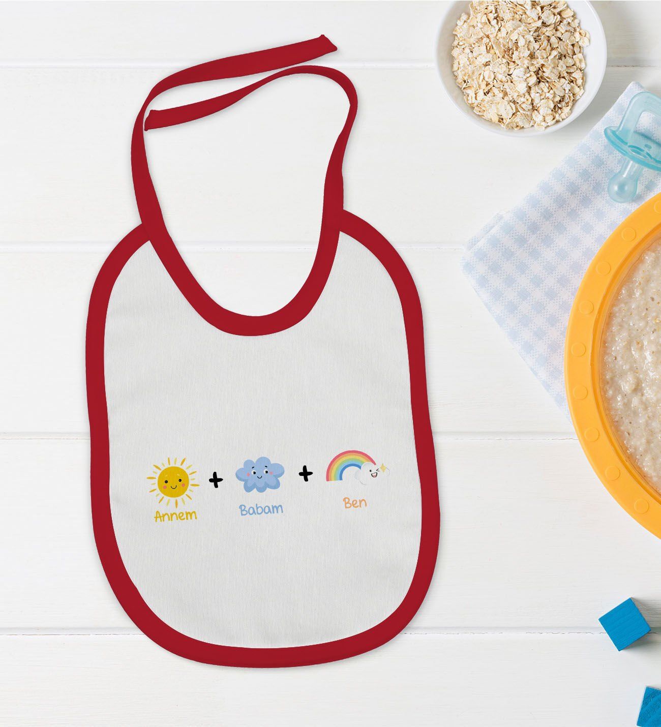 BK Kids Annem Babam Ben Tasarımlı Kırmızı Bebek Mama Önlüğü-1