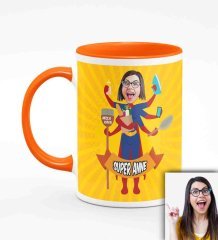 Kişiye Özel Anneler Günü Temalı Karikatürlü Turuncu Kupa Bardak T2