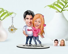 Kişiye Özel Sevgililer Karikatürlü 3D Ahşap Biblo ve İsimli Gold Papatya Anahtarlık-5