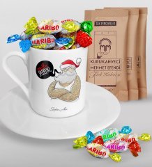 Kişiye Özel Noel Baba Türk Kahvesi Fincanı Mehmet Efendi Kahve ve Haribo Şeker Hediye Seti-4