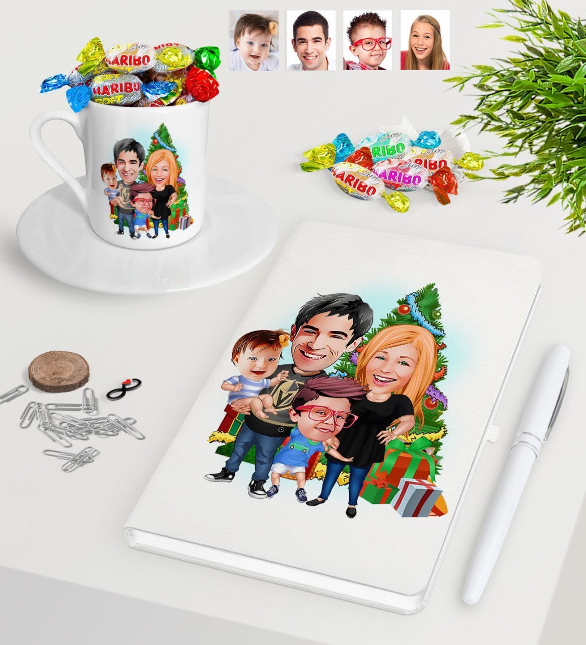 Kişiye Özel Yeni Yıl Aile Karikatürlü Beyaz Defter Kalem Türk Kahvesi Fincanı ve Haribo Şeker Hediye Seti-5