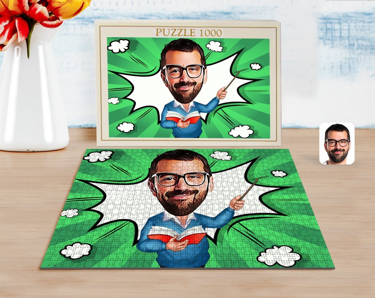Kişiye Özel Erkek Öğretmen Karikatürlü 1000 Parça Profesyonel Puzzle-2