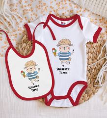 BK Kids Summer Time Tasarımlı Kırmızı Bebek Body Zıbın ve Mama Önlüğü Hediye Seti-1