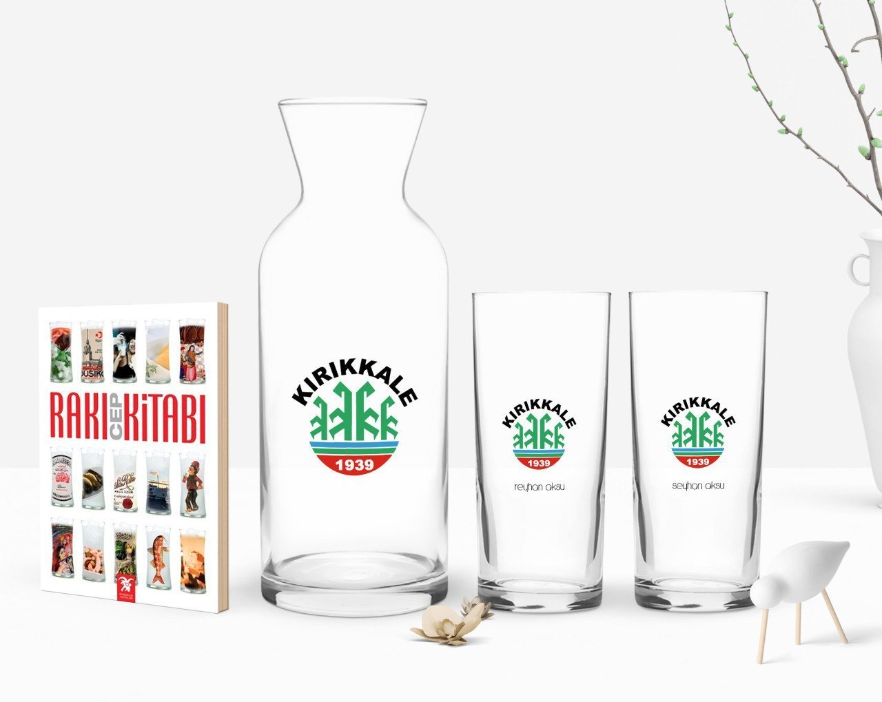 Kişiye Özel Renkli Baskılı Kırıkkale Tasarımlı Turistik İkili Rakı Bardağı Karaf ve Cep Kitabı Hediye Seti-1