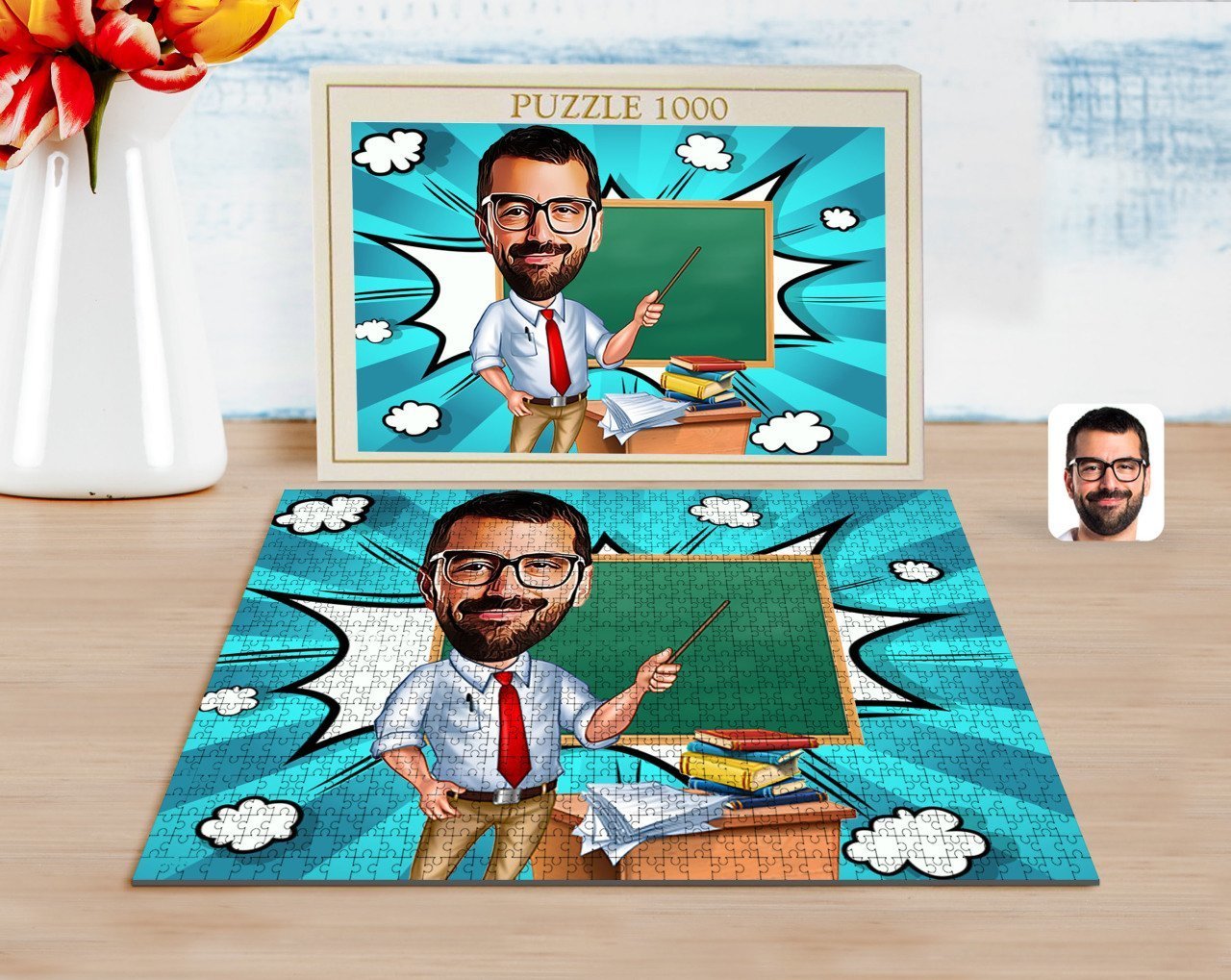 Kişiye Özel Erkek Öğretmen Karikatürlü 1000 Parça Profesyonel Puzzle-1