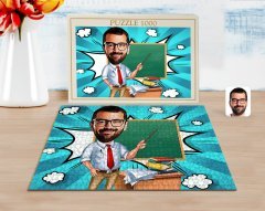 Kişiye Özel Erkek Öğretmen Karikatürlü 1000 Parça Profesyonel Puzzle-1