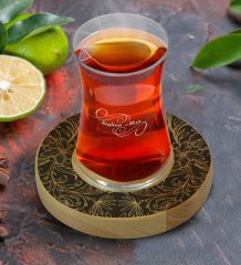 Kişiye Özel Retro Motif Tasarımlı Doğal Ahşap Tabaklı Heybeli Çay Bardağı Model 16