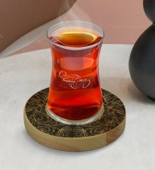 Kişiye Özel Retro Motif Tasarımlı Doğal Ahşap Tabaklı Heybeli Çay Bardağı Model 16