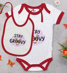 BK Kids Stay Groovy Tasarımlı Kırmızı Bebek Body Zıbın ve Mama Önlüğü Hediye Seti-1