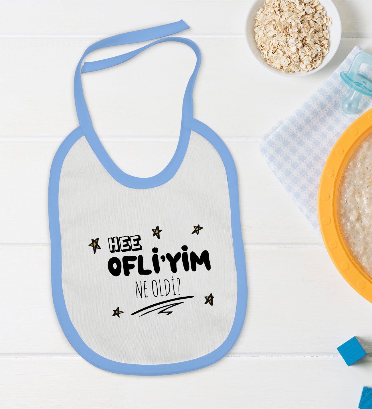 BK Kids Ofliyim Ne Oldi Tasarımlı Mavi Bebek Mama Önlüğü-1
