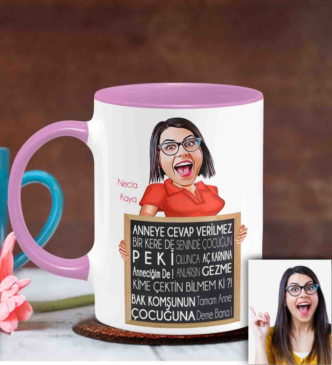 Kişiye Özel Anneler Günü Temalı Karikatürlü Pembe Kupa Bardak P6