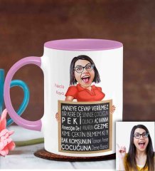 Kişiye Özel Anneler Günü Temalı Karikatürlü Pembe Kupa Bardak P6