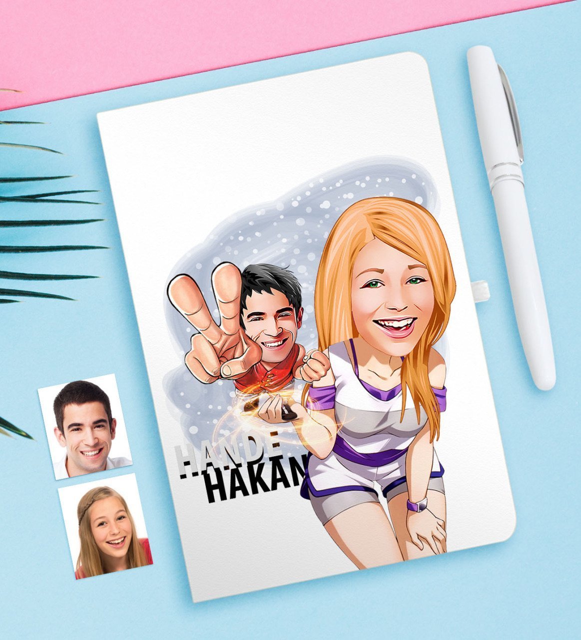 Kişiye Özel Sevgililer Karikatürlü Beyaz Defter ve Kalem Hediye Seti-30