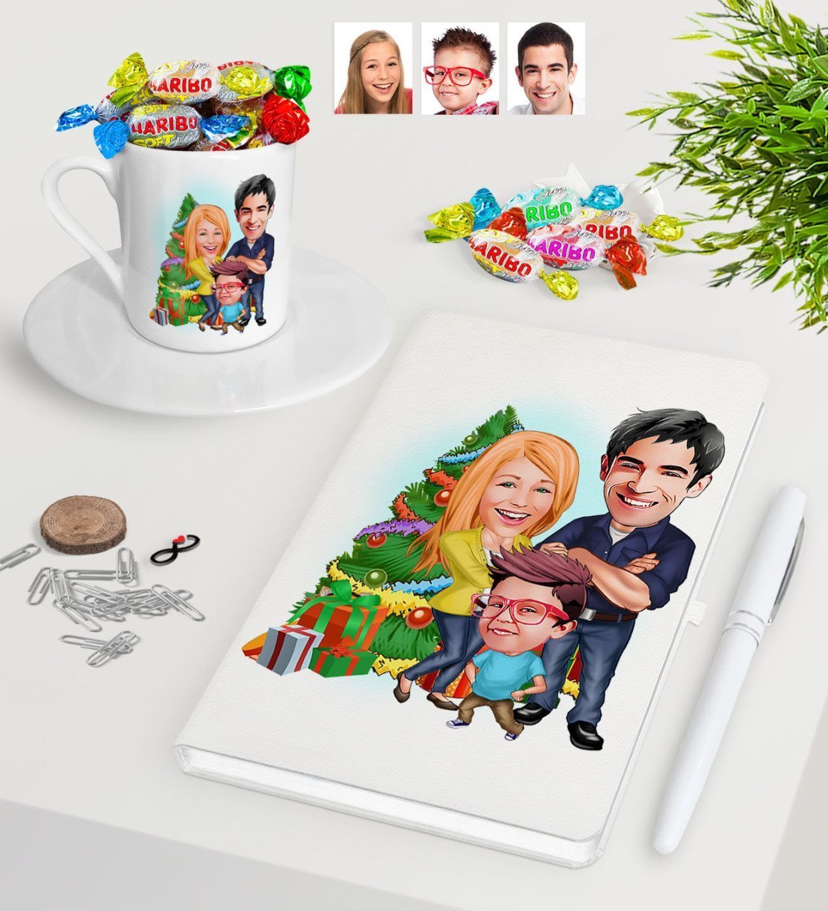 Kişiye Özel Yeni Yıl Aile Karikatürlü Beyaz Defter Kalem Türk Kahvesi Fincanı ve Haribo Şeker Hediye Seti-3