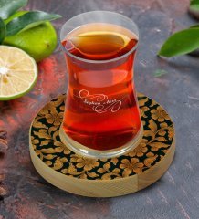 Kişiye Özel Retro Motif Tasarımlı Doğal Ahşap Tabaklı Heybeli Çay Bardağı Model 15
