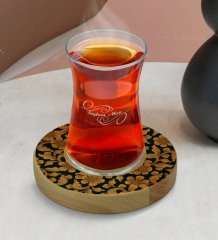 Kişiye Özel Retro Motif Tasarımlı Doğal Ahşap Tabaklı Heybeli Çay Bardağı Model 15