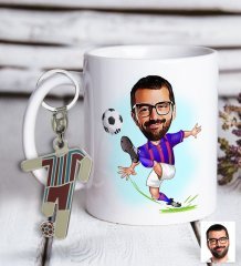 Kişiye Özel Bordo-Mavi Futbolcu Karikatür ve Formalı Metal Anahtarlık Hediye Seti
