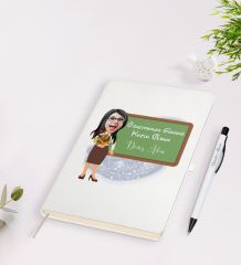 BK Gift Kişiye Özel Öğretmen Karikatürlü Beyaz Defter Kalem Seti - 1