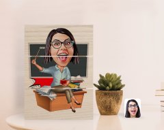 Kişiye Özel Kadın Öğretmen Karikatürlü Otantik Masaüstü Ahşap Palet Çerçeve-2