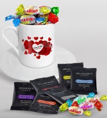 Kişiye Özel Sevgililer Günü Türk Kahvesi Fincanı Selamlique Karışık Türk Kahvesi ve Haribo Şeker Hediye Seti-110