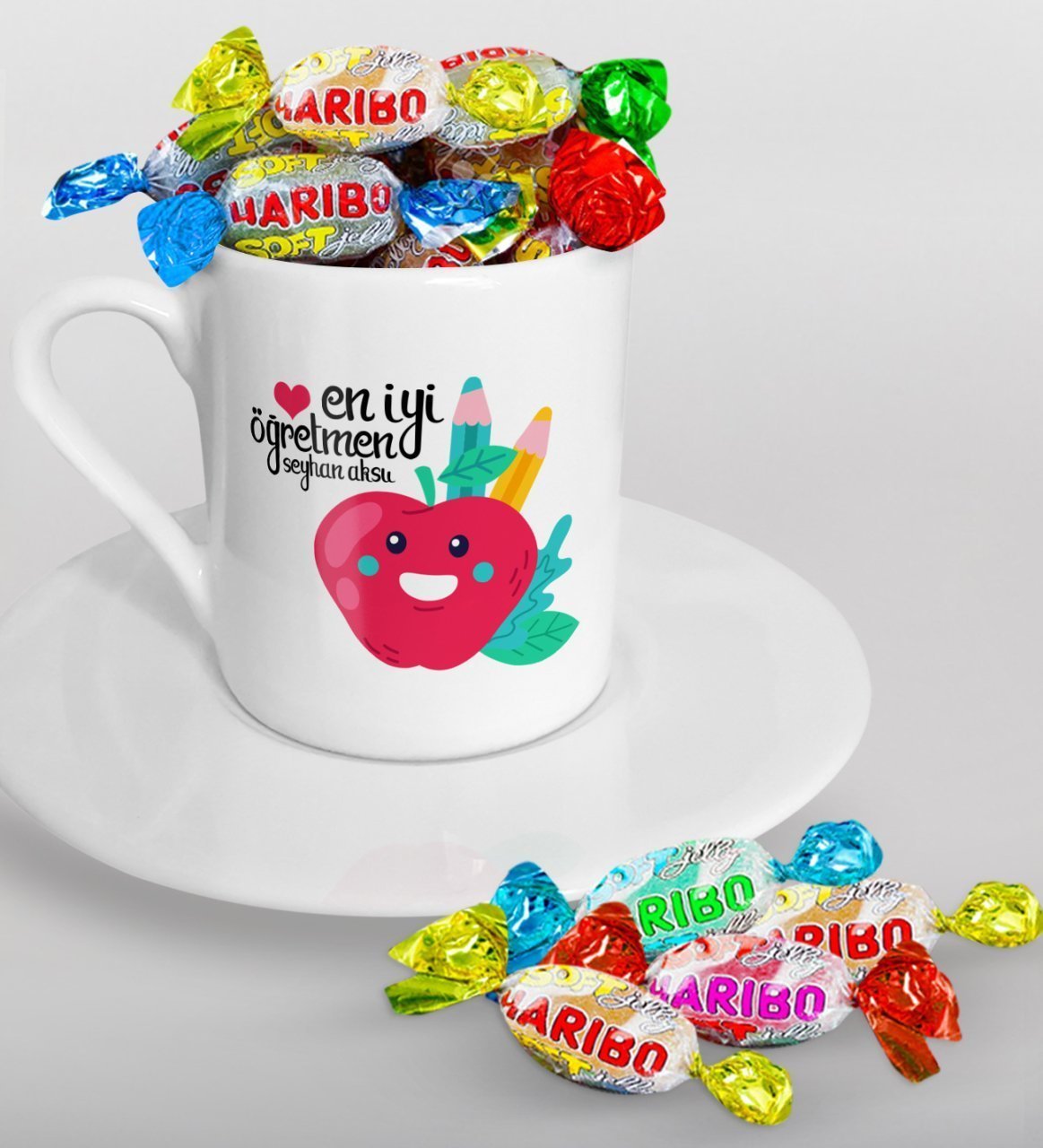 Kişiye Özel En İyi Öğretmen Türk Kahvesi Fincanı ve Haribo Şeker Hediye Seti-11
