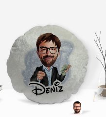Kişiye Özel İsimli Erkek Milyoner Karikatürlü Yuvarlak Dekoratif Kırlent Yastık-1