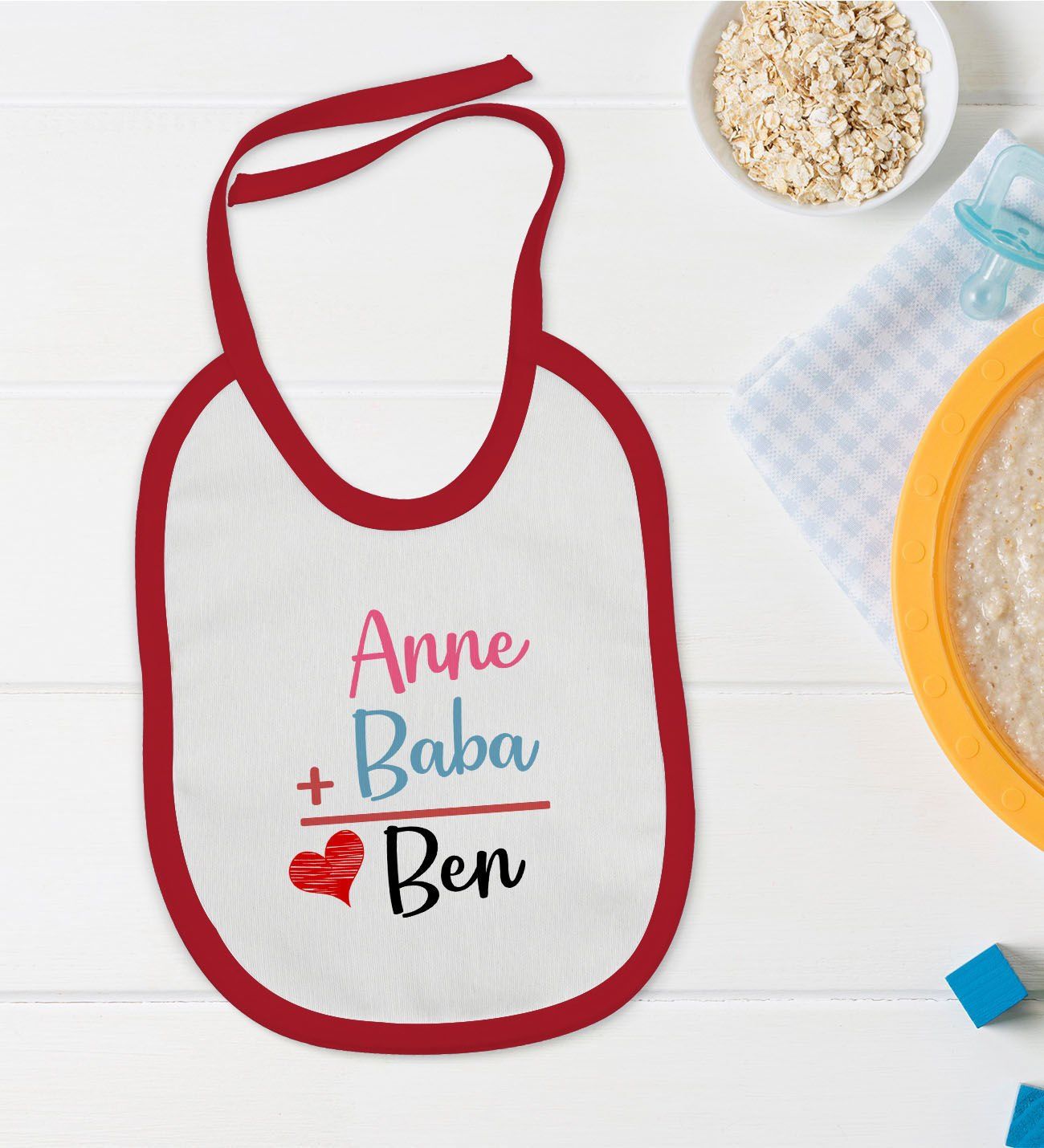 BK Kids Anne Baba Tasarımlı Kırmızı Bebek Mama Önlüğü-1