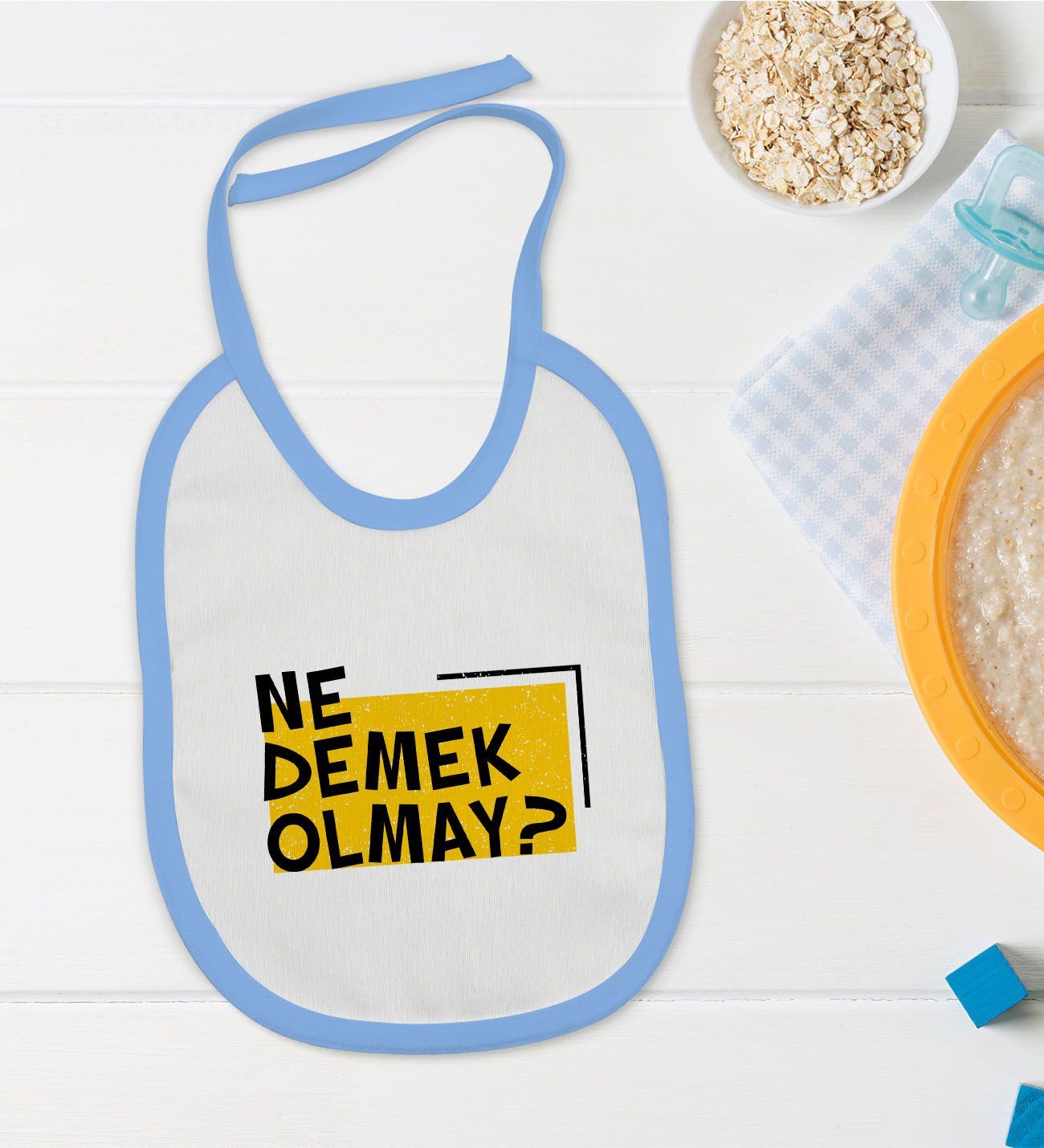 BK Kids Ne Demek Olmay Tasarımlı Mavi Bebek Mama Önlüğü-1