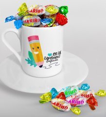 Kişiye Özel En İyi Öğretmen Türk Kahvesi Fincanı ve Haribo Şeker Hediye Seti-10