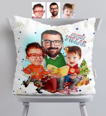 Kişiye Özel Yılbaşı Temalı Aile Karikatürlü Saten Yastık - 1