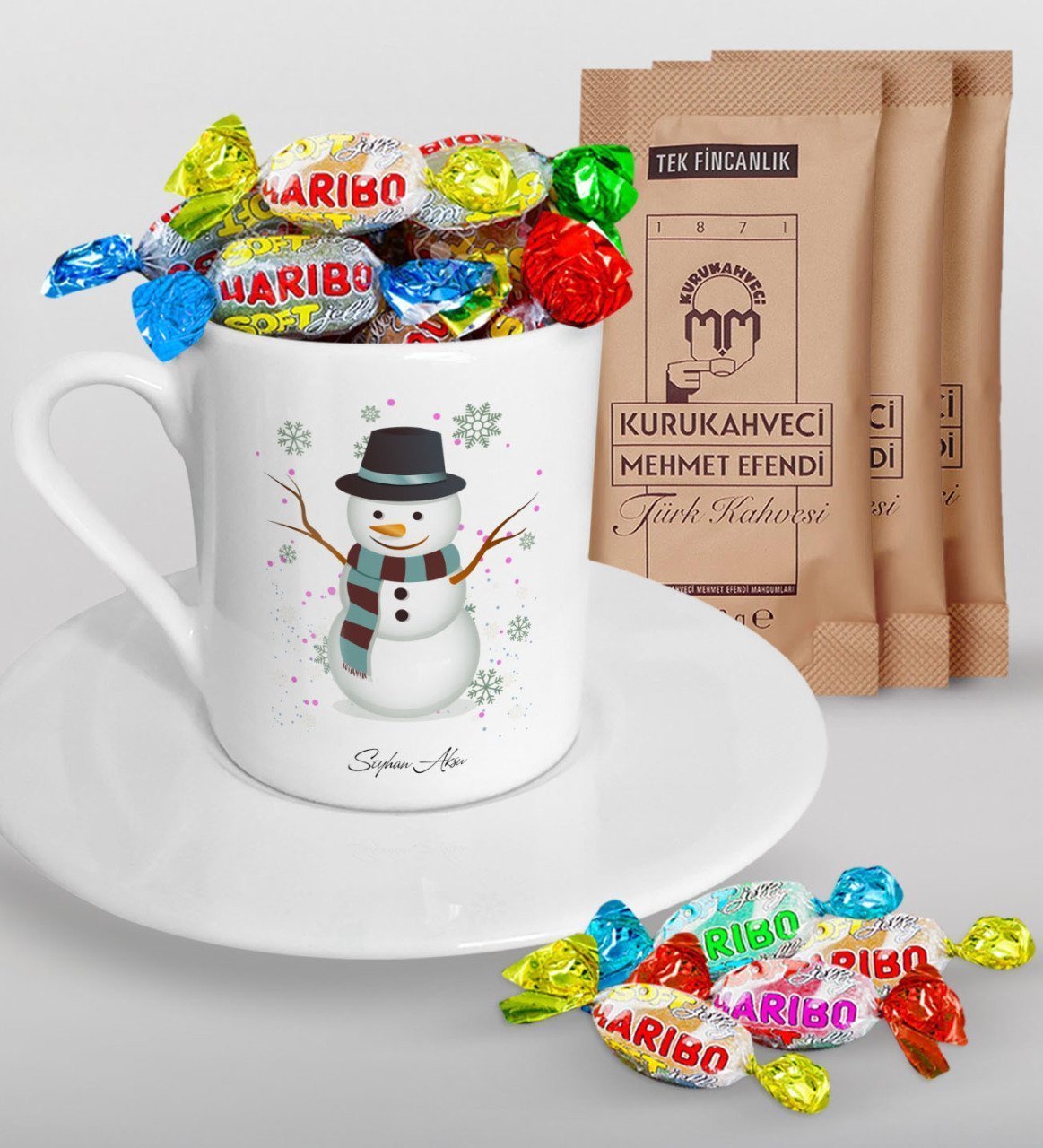 Kişiye Özel Kardan Adam Türk Kahvesi Fincanı Mehmet Efendi Kahve ve Haribo Şeker Hediye Seti-1