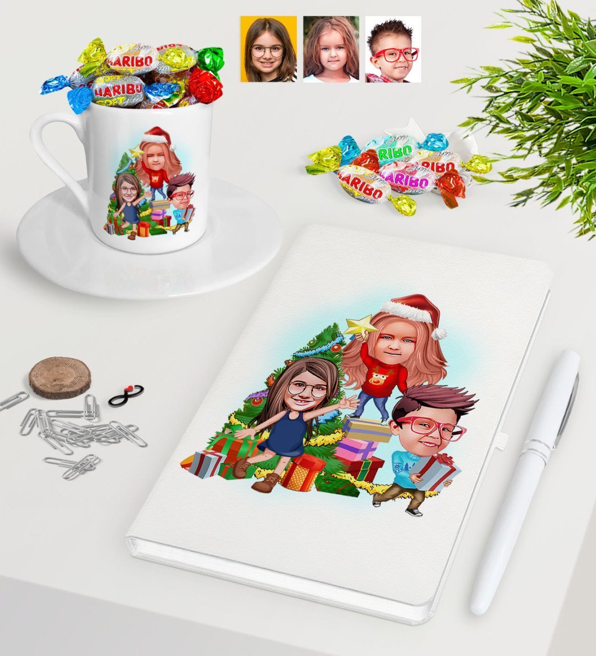 Kişiye Özel Yeni Yıl 3 Kardeş Karikatürlü Beyaz Defter Kalem Türk Kahvesi Fincanı ve Haribo Şeker Hediye Seti-1