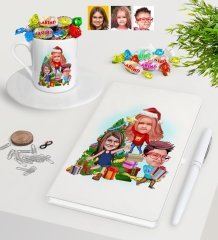 Kişiye Özel Yeni Yıl 3 Kardeş Karikatürlü Beyaz Defter Kalem Türk Kahvesi Fincanı ve Haribo Şeker Hediye Seti-1