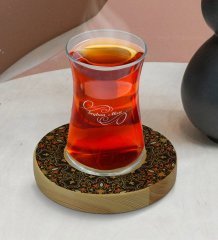 Kişiye Özel Retro Motif Tasarımlı Doğal Ahşap Tabaklı Heybeli Çay Bardağı Model 12