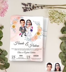 Kişiye Özel Karikatürlü Düğün Davetiyesi Model 4 (100Adet)