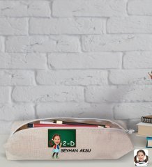Çocuklara Özel Kız İlkokul Öğrenci Karikatürlü Keten Bez Kalemlik-1