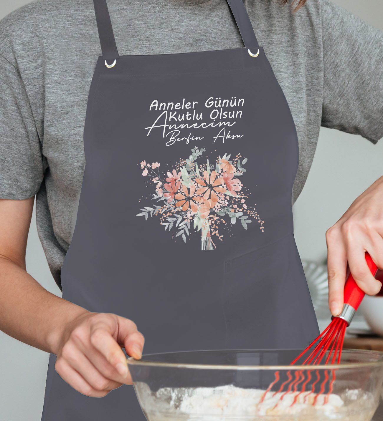 BK Gift Kişiye Özel İsimli Anneler Günü Tasarımlı Profesyonel Antrasit Mutfak Önlüğü, Aşçı Önlüğü, Şef Önlüğü, Anneye Hediye-19
