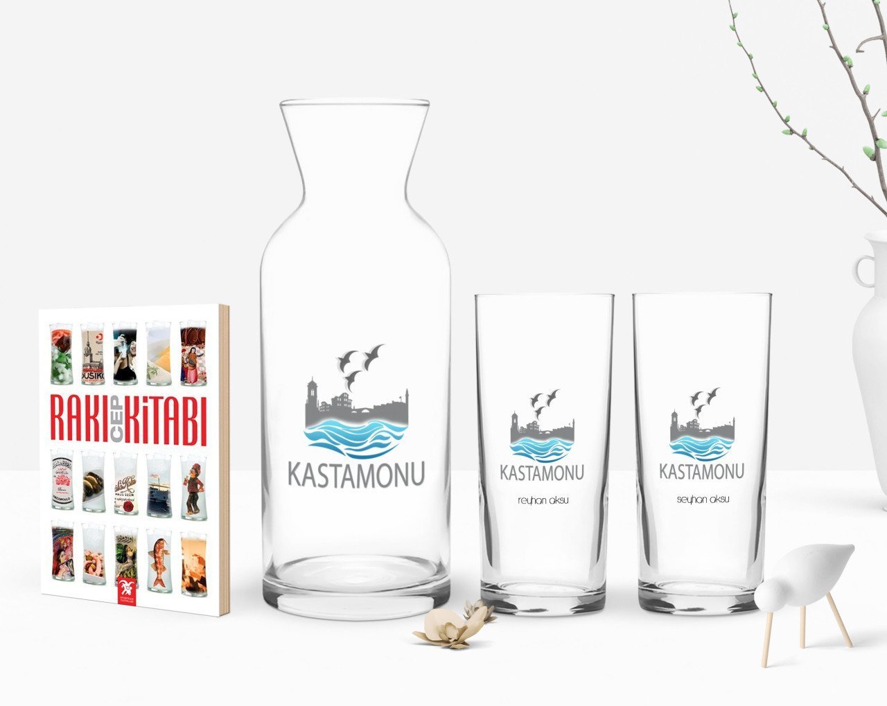 Kişiye Özel Renkli Baskılı Kastamonu Tasarımlı Turistik İkili Rakı Bardağı Karaf ve Cep Kitabı Hediye Seti-1