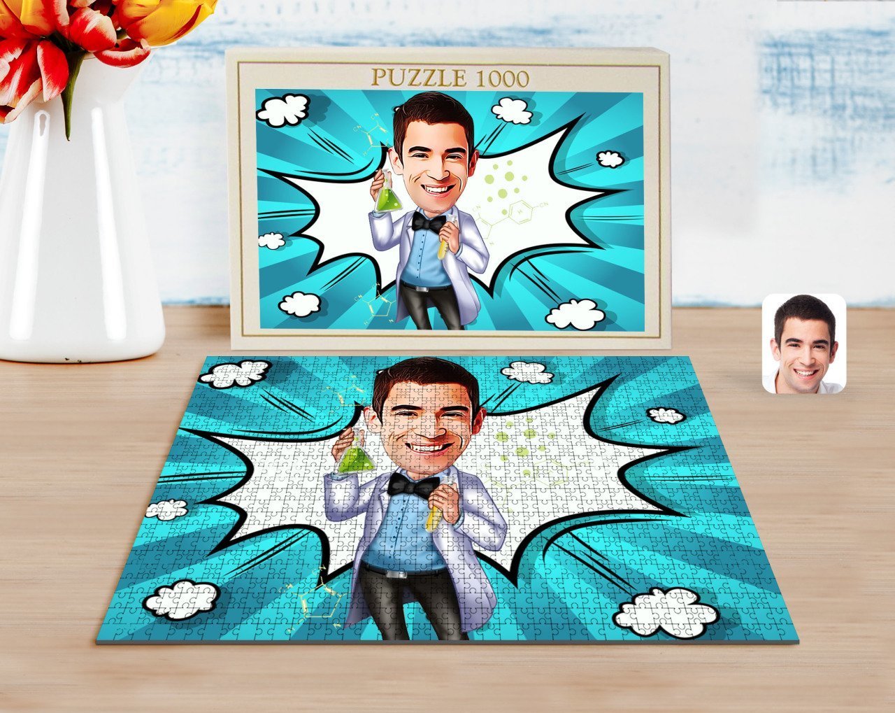 Kişiye Özel Erkek Kimya Öğretmeni Karikatürlü 1000 Parça Profesyonel Puzzle-3