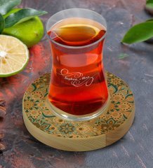 Kişiye Özel Retro Motif Tasarımlı Doğal Ahşap Tabaklı Heybeli Çay Bardağı Model 11