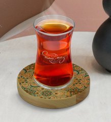 Kişiye Özel Retro Motif Tasarımlı Doğal Ahşap Tabaklı Heybeli Çay Bardağı Model 11