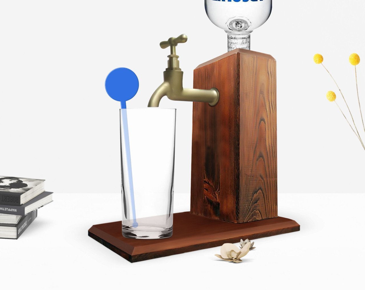 BK Home Musluklu Doğal Ahşap Vodka Standı - Ceviz