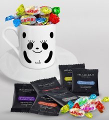 Kişiye Özel Sevgililer Günü Türk Kahvesi Fincanı Selamlique Karışık Türk Kahvesi ve Haribo Şeker Hediye Seti-106