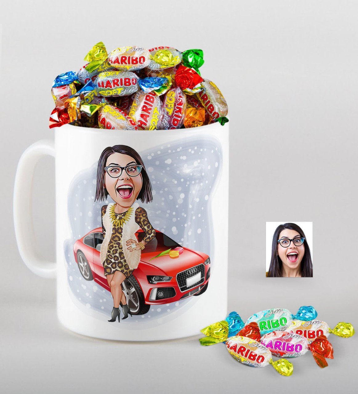 Kişiye Özel Bayan Patron Karikatürlü Kupa ve Haribo Şeker Hediye Seti-2