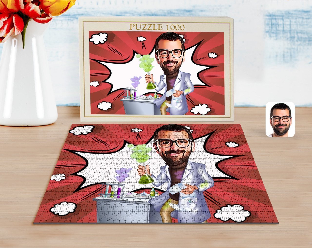 Kişiye Özel Erkek Kimya Öğretmeni Karikatürlü 1000 Parça Profesyonel Puzzle-2