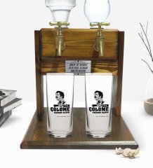 Kişiye Özel Renkli Baskılı Çünkü Sen Çölüme Yağmur Oldun Tasarımlı İkili Rakı Bardağı ve Çift Musluklu Doğal Ahşap Rakı Standı-5